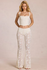 Sheer Lace Mid-Rise Flared Trousers in Ivory
