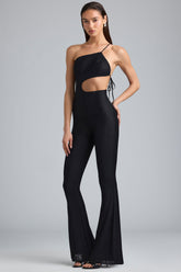 Metallic Ruched Cut-Out Flared Jumpsuit in Black
