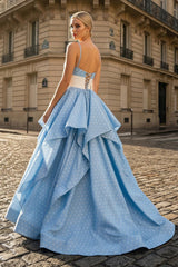 Blue - Halter Satin A Line Dot Prom Dresses With Flower