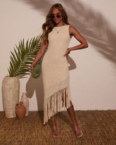 Aperol Edit Fringe Crochet Midi Dress