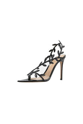 Black Slingback Open Toe Stiletto High Heels with Rhinestones
