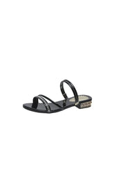 Black Strappy Rhinestones Low Block Heel Sandal