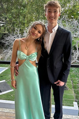 Aqua Sheath Spaghetti Straps Long Satin Prom Dresses With Cut out