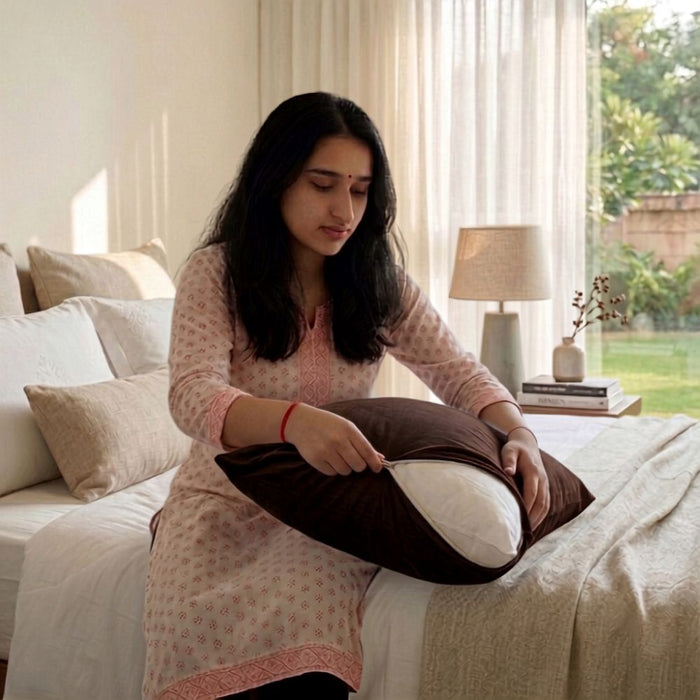 A woman sits on a bed in a bright bedroom, holding a dark brown and white pillow. She is wearing a light pink patterned kurta.