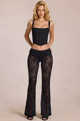 Sheer Lace Mid-Rise Flared Trousers in Black