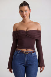 Modal-Cashmere Blend Off-Shoulder Ruched Top in Espresso
