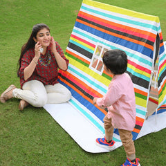 Kids & Mother Playing in Happy Matty Rainbow Play Tent Outdoors