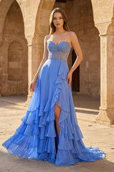 Blue - Sweetheart Chiffon Ruffled A Line Long Prom Dresses With Appliques