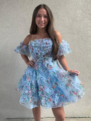 Blue - Off The Shoulder Floral Printed A Line Homecoming Dress With Ruffles