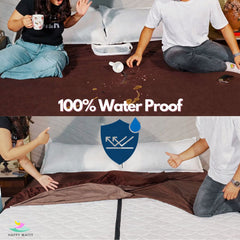 A split-screen demonstration of a brown waterproof bed sheet or duvet cover. The top half shows a messy bed scene with people sitting on it, a spilled drink, and a brown sheet underneath, with the text '100% Water Proof' across the middle.