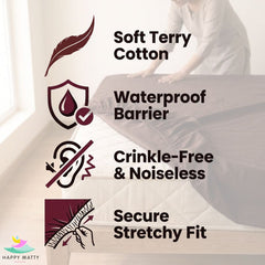 Promotional graphic for a waterproof bed sheet set, showing a person in a bedroom setting with a bedsheet on the mattress. The image features text overlays highlighting key product features: 'Soft Terry Cotton', 'Waterproof Barrier', 'Crinkle-Free & Noiseless', and 'Secure Stretchy Fit', accompanied by corresponding dark red icons.