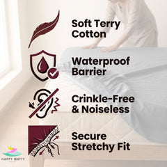 A bed with a fitted sheet in a softly lit bedroom, overlaid with feature callouts: Soft Terry Cotton, Waterproof Barrier, Crinkle-Free & Noiseless, and Secure Stretchy Fit. Icons and text describe product benefits; a person is faintly visible pushing the sheet onto the bed.