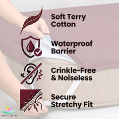 Happy Matty Dark Brown Elastic Waterproof Terry Cotton Mattress Protector with Soft Terry Cotton, Waterproof Barrier, Noiseless Design and Deep Elastic Fit
