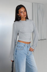 Levelled Up Cinched Waist Long Sleeve Top Grey Marle