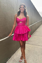 Blue Pleated A-line Short Dress with Keyhole
