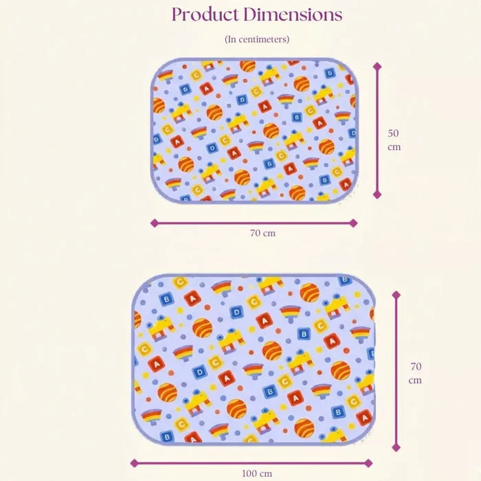 Size chart — Medium 50x70 cm and Large 70x100 cm baby dry sheet