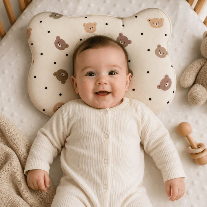 Baby Sleeping on Happy Matty Bear Print Cloud Head Pillow