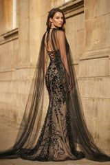 Black Halter Mermaid Sequined Long Prom Dresses With Cape