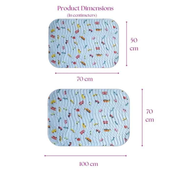 Size chart — Medium 50x70 cm and Large 70x100 cm baby dry sheet