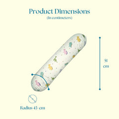 Happy Matty Dinosaur Print Cuddle Bolster Pillow Size Guide – 51 cm Length, 43 cm Circumference Radius