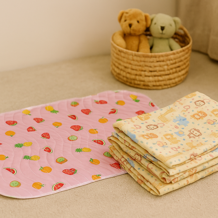 Fruit print baby dry sheet and animal print crib sheet shown together