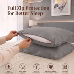 A gray pillowcase with a full zip closure being opened by two hands, shown on a bed in a bedroom setting. The image includes marketing text reading 'Full Zip Protection for Better Sleep' and a row of feature icons at the bottom highlighting waterproof, cotton, zipper, allergy protection, and washable properties.
