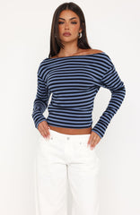 Head In The Clouds Off Shoulder Long Sleeve Top Blue/Navy Stripe