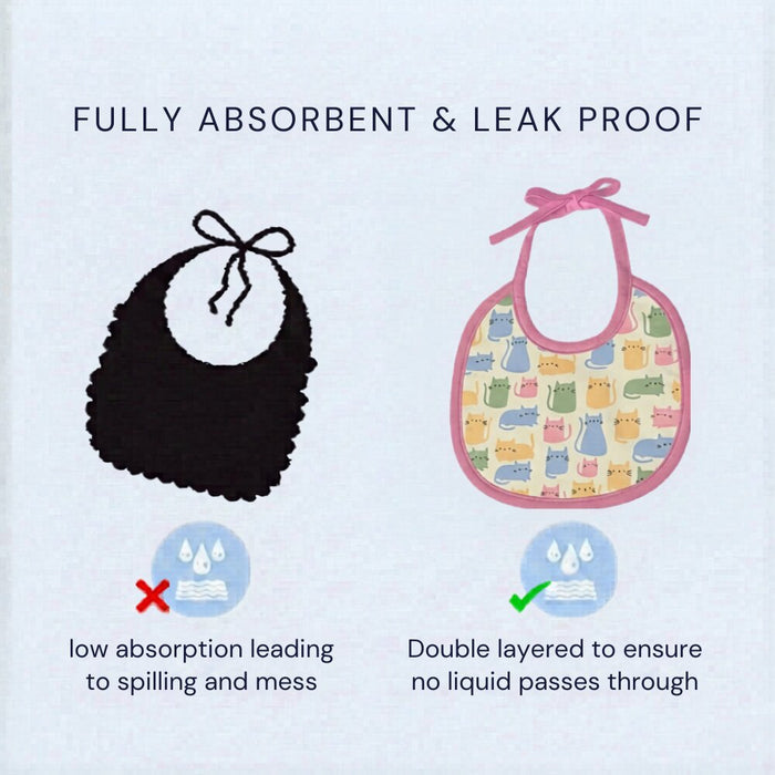Double-layered, leak-proof design of a cat print baby bib