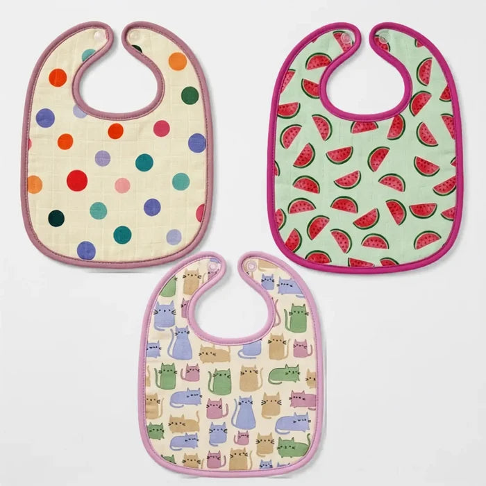 Polka Dot, Watermelon & Cat Print Baby Bibs Large (Pack of 3)
