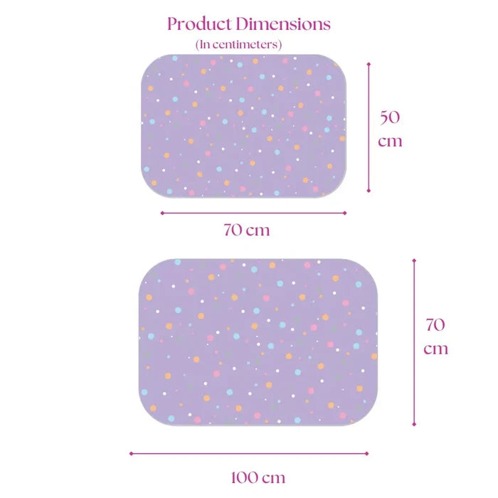 Size chart — Medium 50x70 cm and Large 70x100 cm baby dry sheet