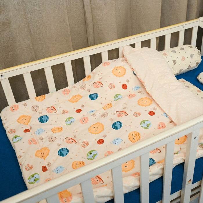 Baby Sleeping Comfortably with Happy Matty Space Quilt