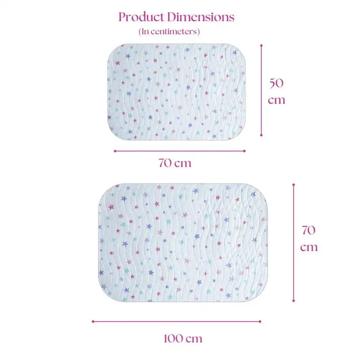 Size chart — Medium 50x70 cm and Large 70x100 cm baby dry sheet