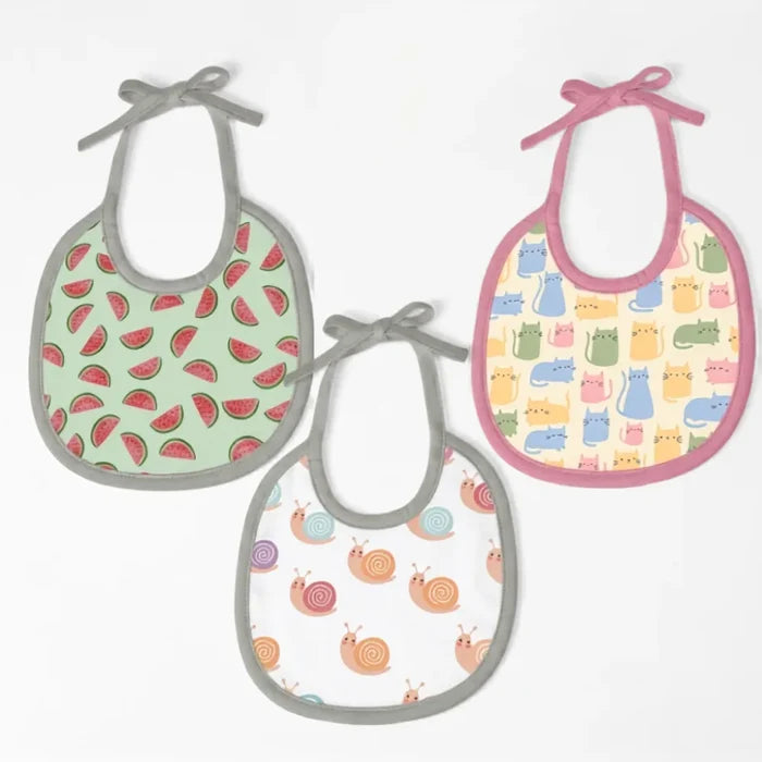 Watermelon, Snail & Cat Print Baby Bibs Medium (Pack of 3)