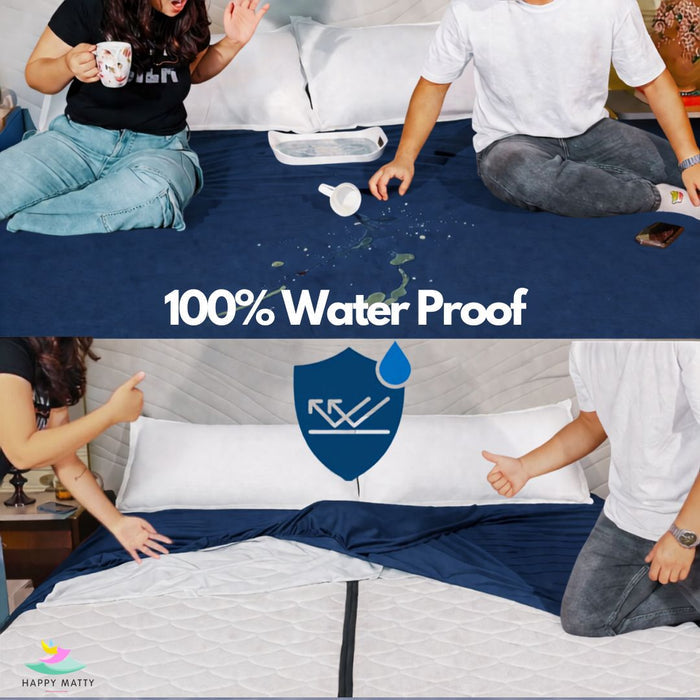A split-screen demonstration of a navy blue mattress protector or bed cover labeled '100% Water Proof' with a shield icon. The top half shows people sitting on a bed with water droplets and spilled liquids on the mattress, while the bottom half shows the product laid flat on a bed with people pointing to it.