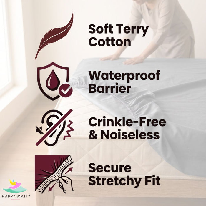 A bed with a fitted sheet in a softly lit bedroom, overlaid with feature callouts: Soft Terry Cotton, Waterproof Barrier, Crinkle-Free & Noiseless, and Secure Stretchy Fit. Icons and text describe product benefits; a person is faintly visible pushing the sheet onto the bed.