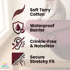 Promotional graphic for a waterproof bed sheet set, showing a person in a bedroom setting with a bedsheet on the mattress. The image features text overlays highlighting key product features: 'Soft Terry Cotton', 'Waterproof Barrier', 'Crinkle-Free & Noiseless', and 'Secure Stretchy Fit', accompanied by corresponding dark red icons.