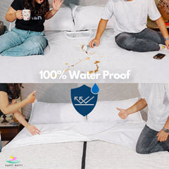 A split-screen demonstration of a water-resistant bed cover or mattress protector. The top half shows a person spilling coffee on a white bed, with the text '100% Water Proof' overlaid.
