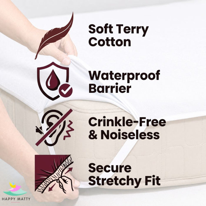Happy Matty White Elastic Waterproof Terry Cotton Mattress Protector with Soft Terry Cotton, Waterproof Barrier, Noiseless Design and Deep Elastic Fit