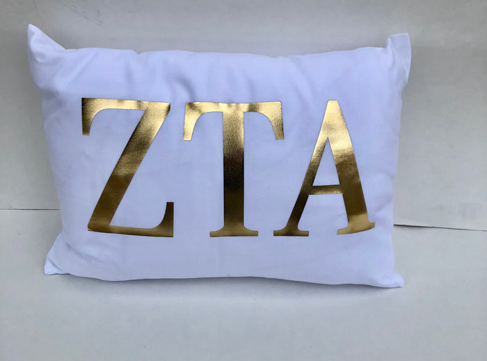 Zeta Tau Alpha White Pillow with Gold Letters