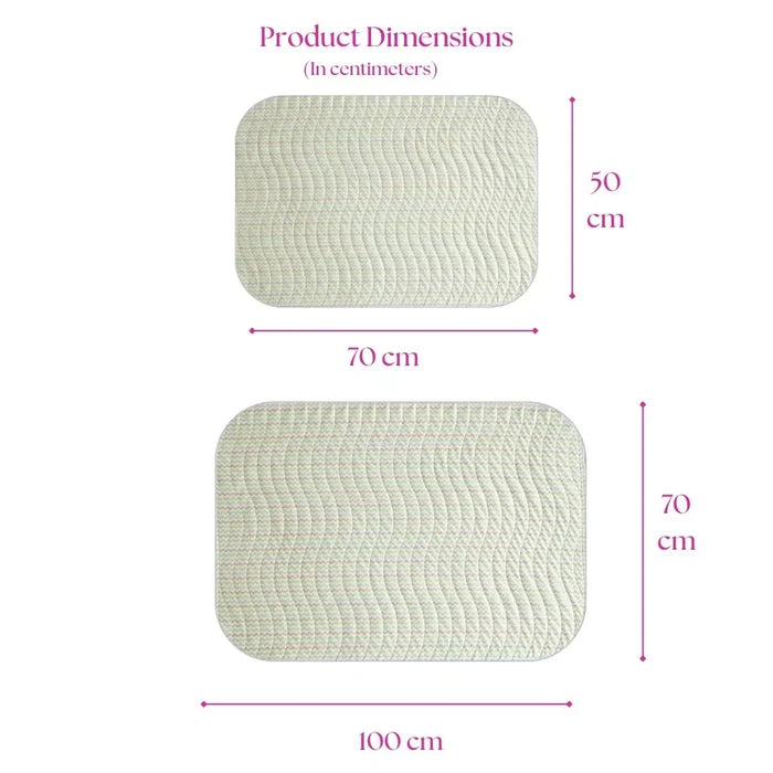 Size chart — Medium 50x70 cm and Large 70x100 cm baby dry sheet